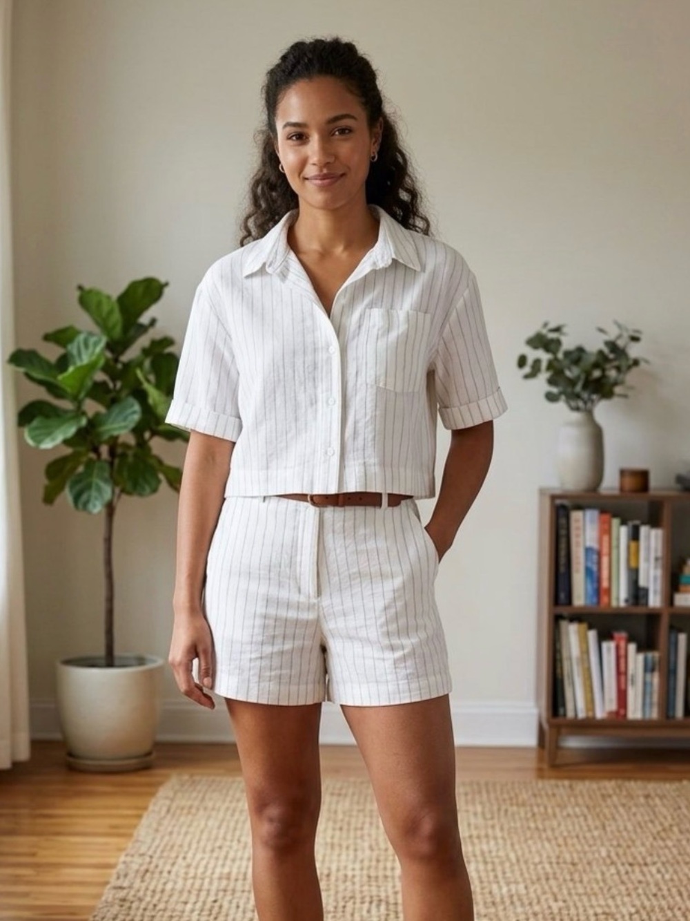 woman’s pin stripe set shorts and crop button down